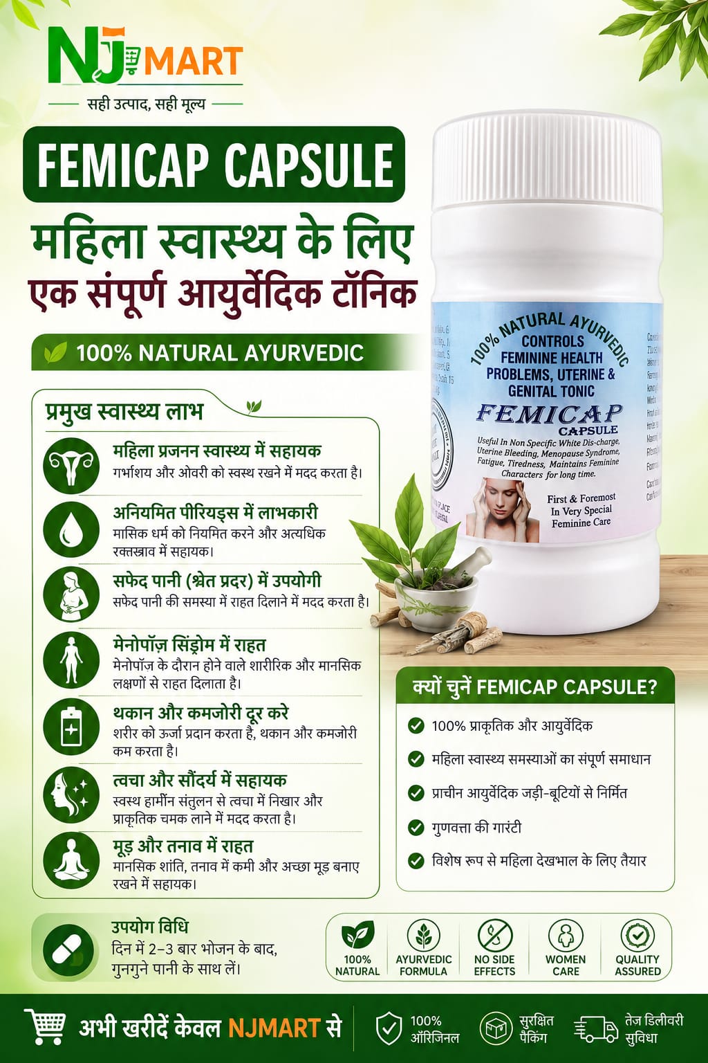 FEMICAP Capsule benefits infographic — Ayurvedic women's wellness tonic (NJ MART)